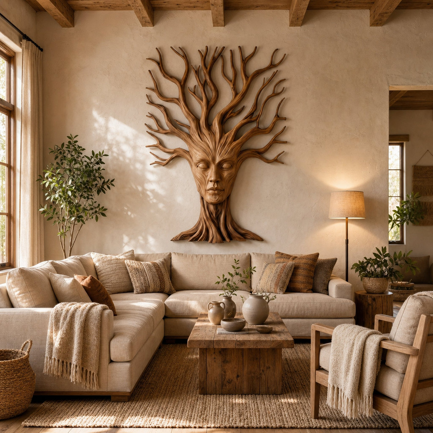 Mystical Tree Spirit Wooden Wall Art With Sculptural Face Design For Entryway And Living Room - product view 6