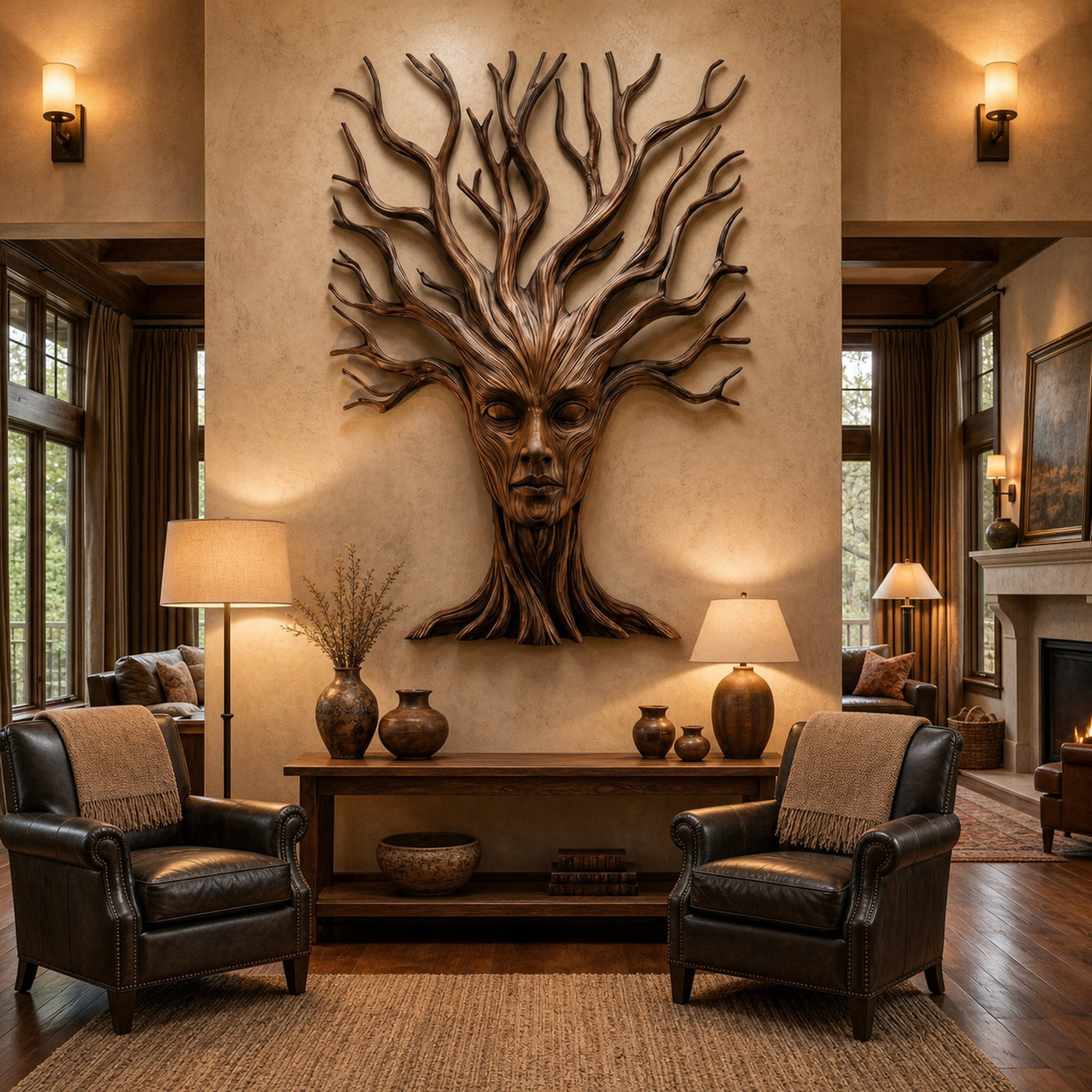 Mystical Tree Spirit Wooden Wall Art With Sculptural Face Design For Entryway And Living Room - product view 7