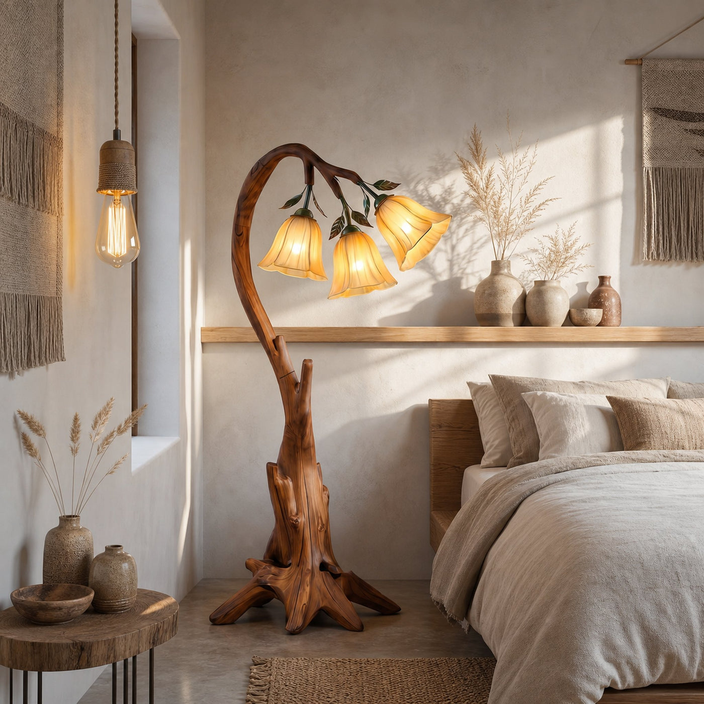 Natural Floor Lamp With Blooming Floral Form For Reading Nook And Bedroom