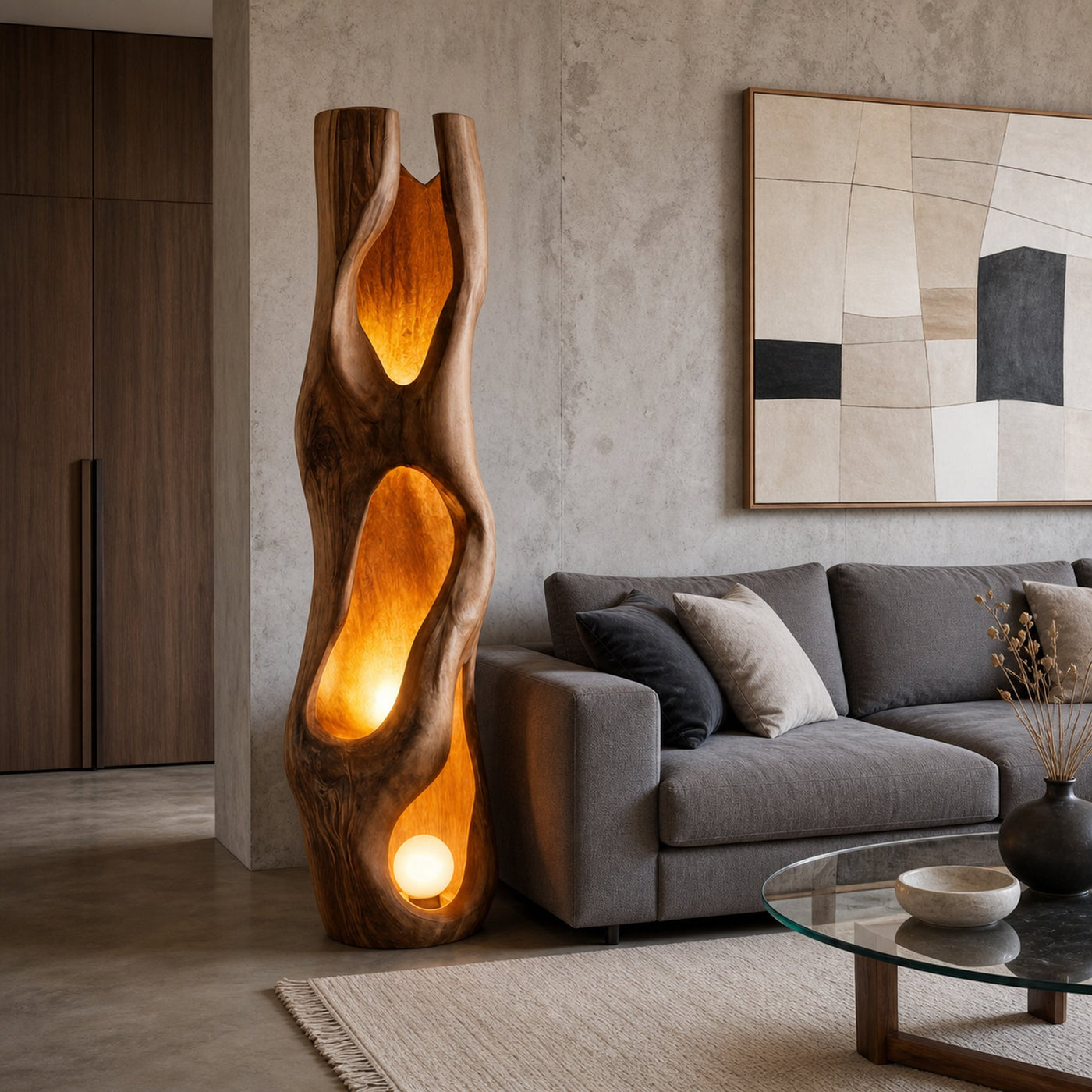 Nature Inspired Floor Lamp Carved Wood Sculpture For Living Room