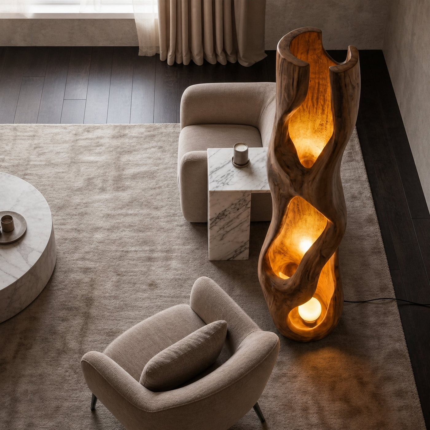Nature Inspired Floor Lamp Carved Wood Sculpture For Living Room - product view 2