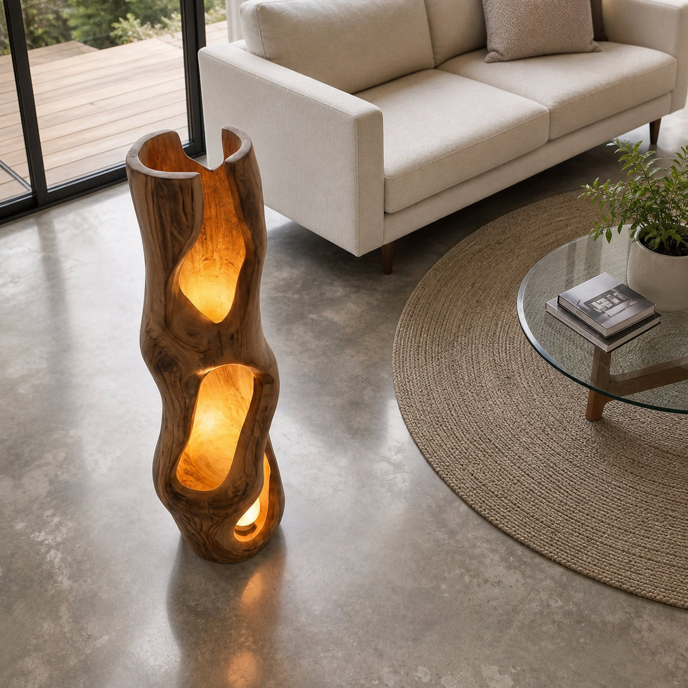 Nature Inspired Floor Lamp Carved Wood Sculpture For Living Room - product view 3