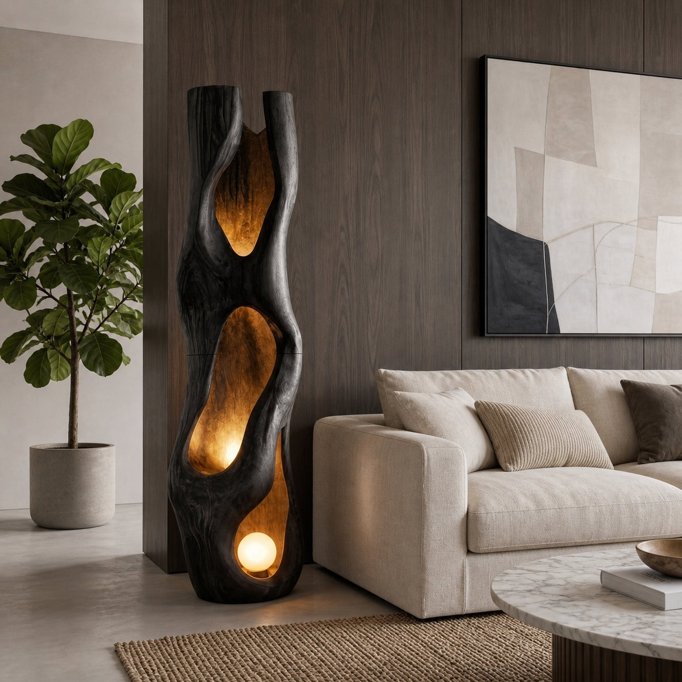 Nature Inspired Floor Lamp Carved Wood Sculpture For Living Room - product view 4