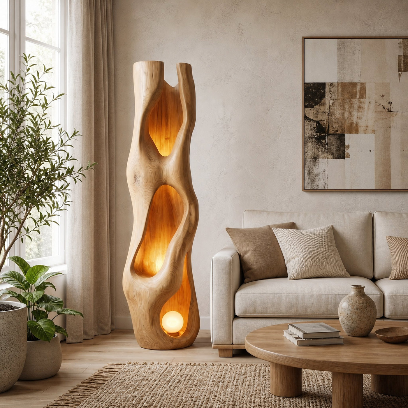 Nature Inspired Floor Lamp Carved Wood Sculpture For Living Room - product view 5