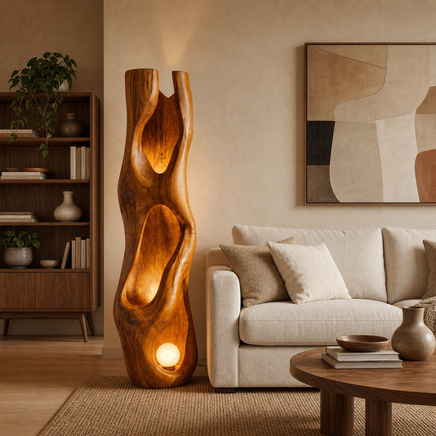Nature Inspired Floor Lamp Carved Wood Sculpture For Living Room - product view 6