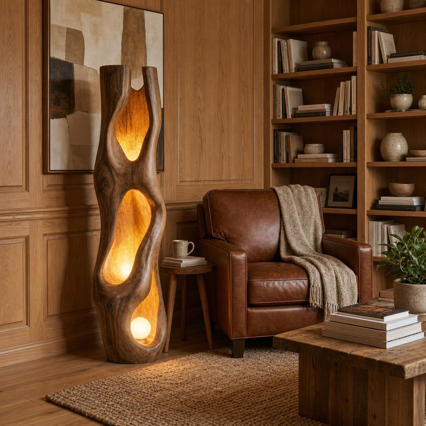 Nature Inspired Floor Lamp Carved Wood Sculpture For Living Room - product view 7