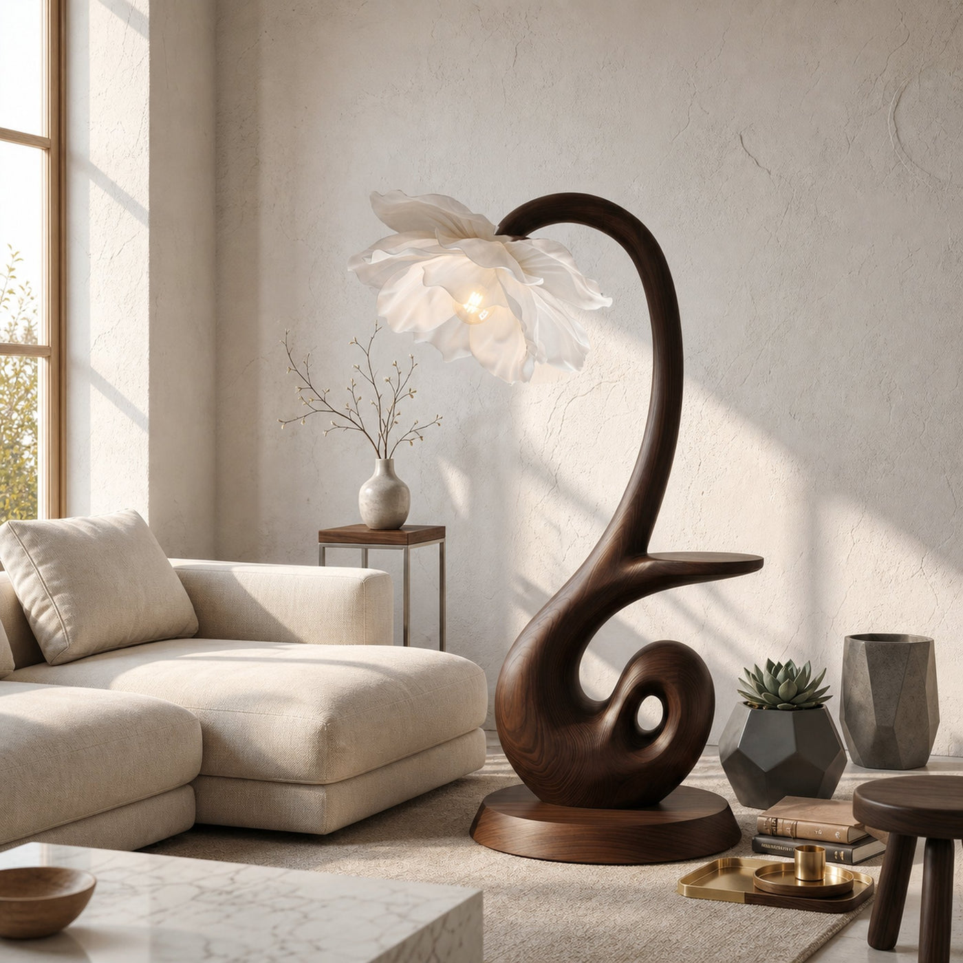 Nature Inspired Floor Lamp With Blooming Flower Shade And Display Shelf For Reading Nook
