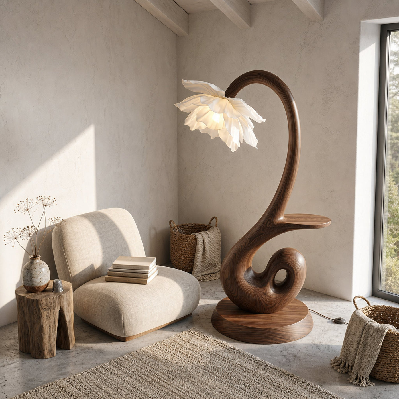 Nature Inspired Floor Lamp With Blooming Flower Shade And Display Shelf For Reading Nook - product view 3