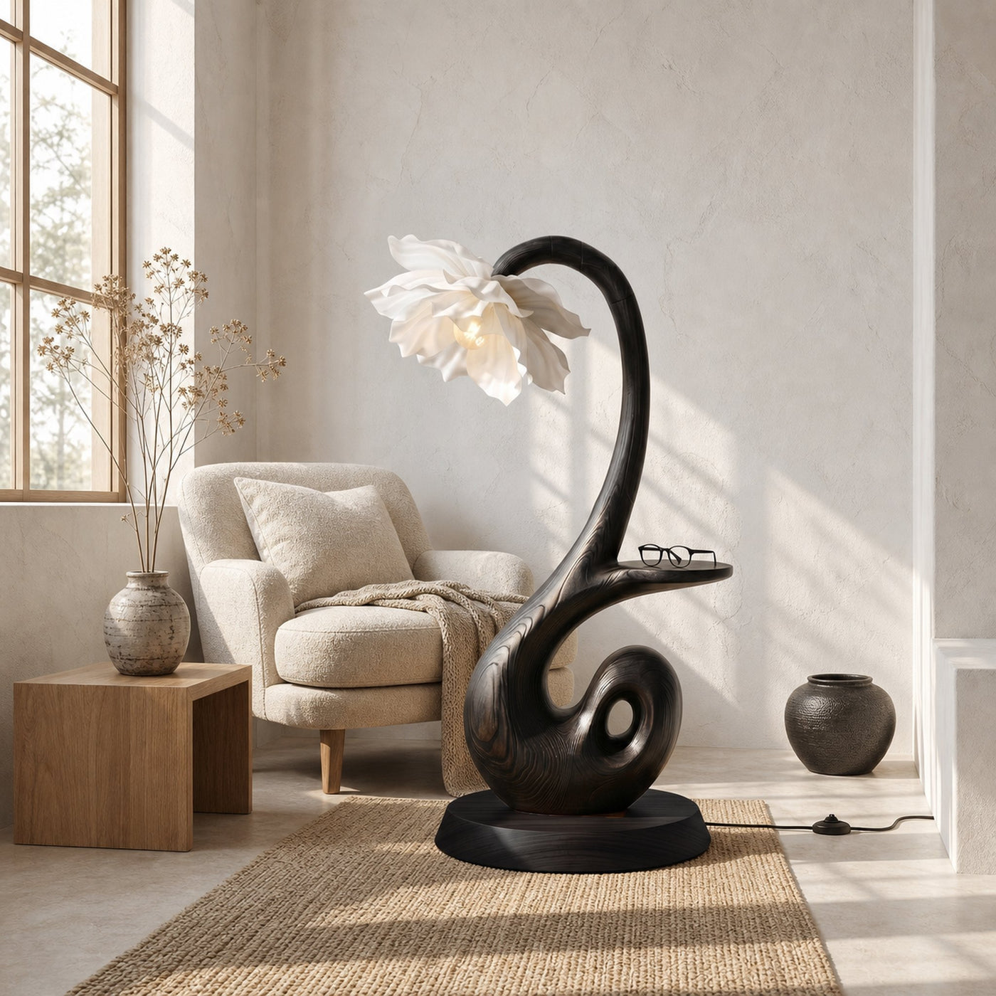Nature Inspired Floor Lamp With Blooming Flower Shade And Display Shelf For Reading Nook - product view 4