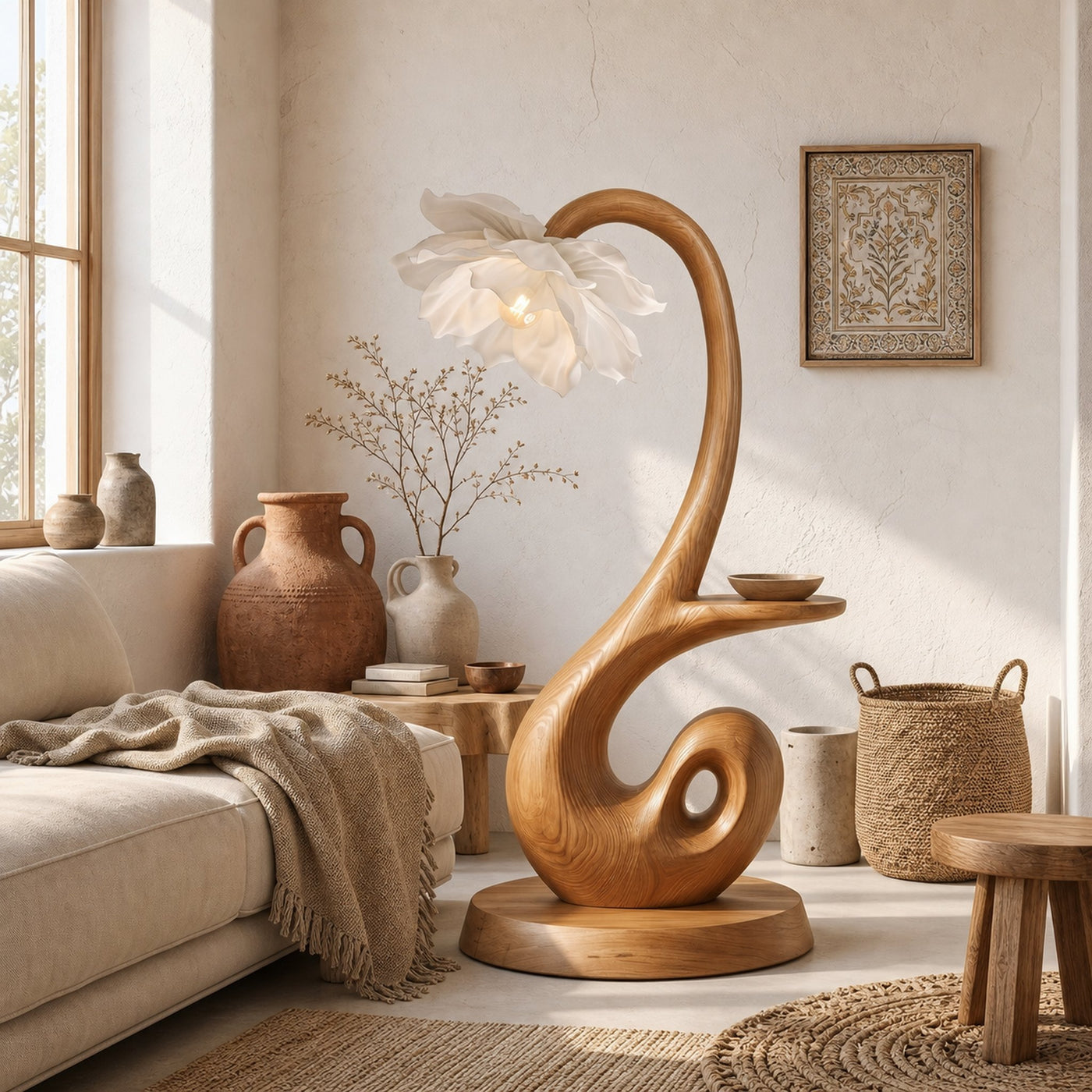 Nature Inspired Floor Lamp With Blooming Flower Shade And Display Shelf For Reading Nook - product view 5