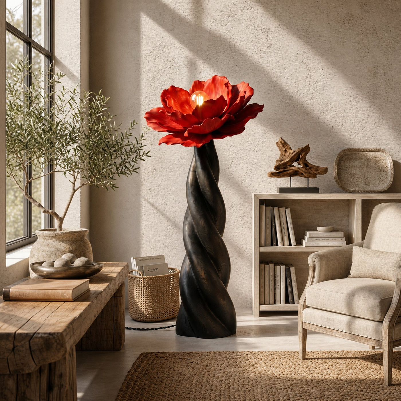 Nature Inspired Floor Lamp With Blooming Flower Silhouette For Living Room