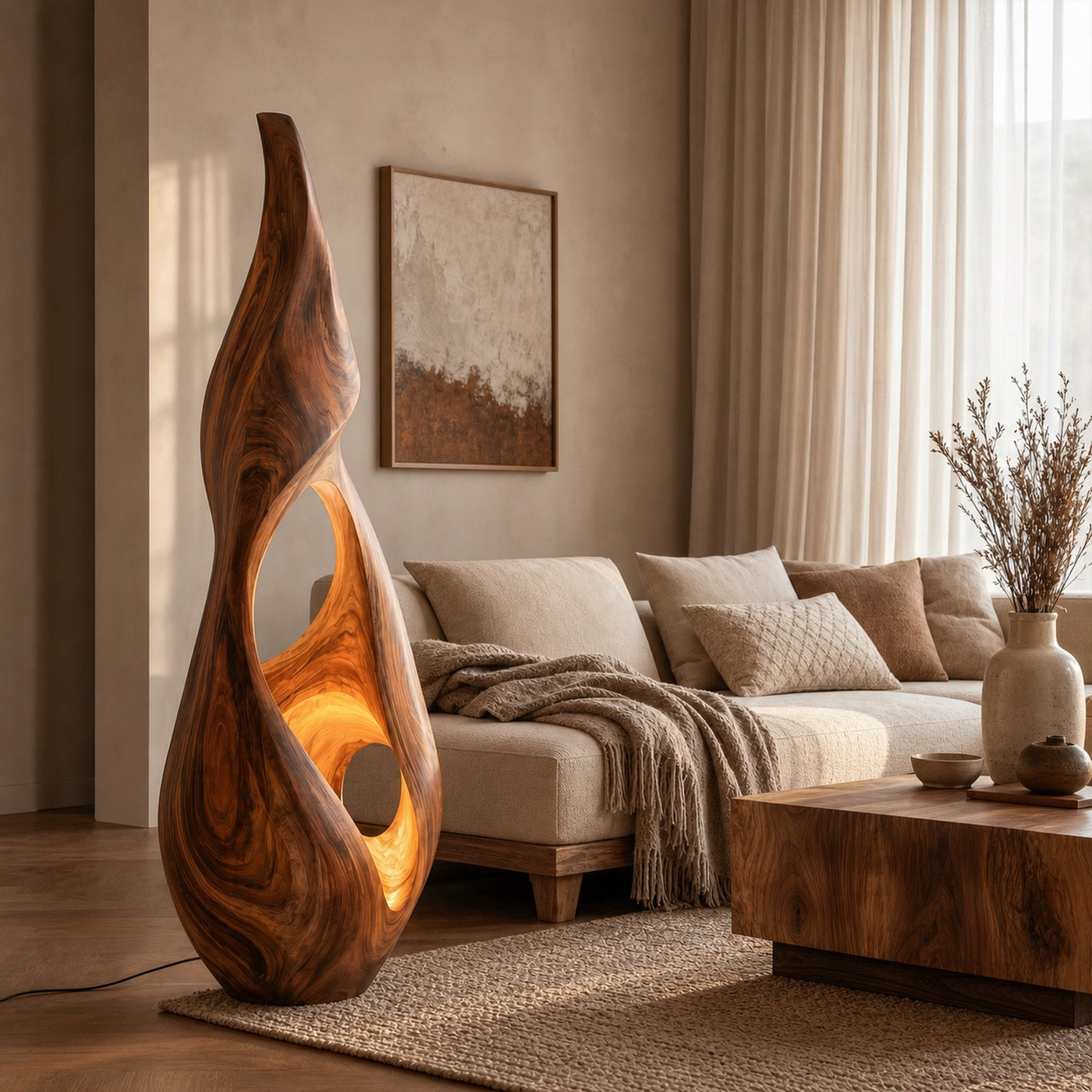 Nature Inspired Floor Lamp With Sculptural Solid Wood Form For Living Room