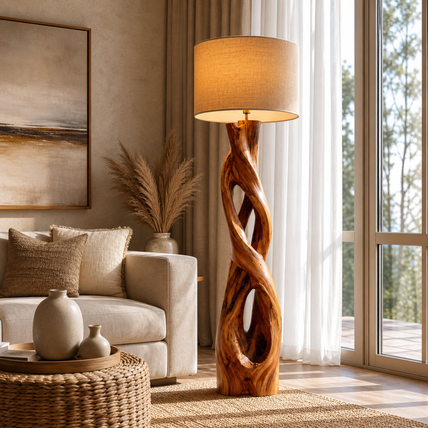 Nature Inspired Floor Lamp With Sculptural Wood Form And Fabric Shade For Living Room
