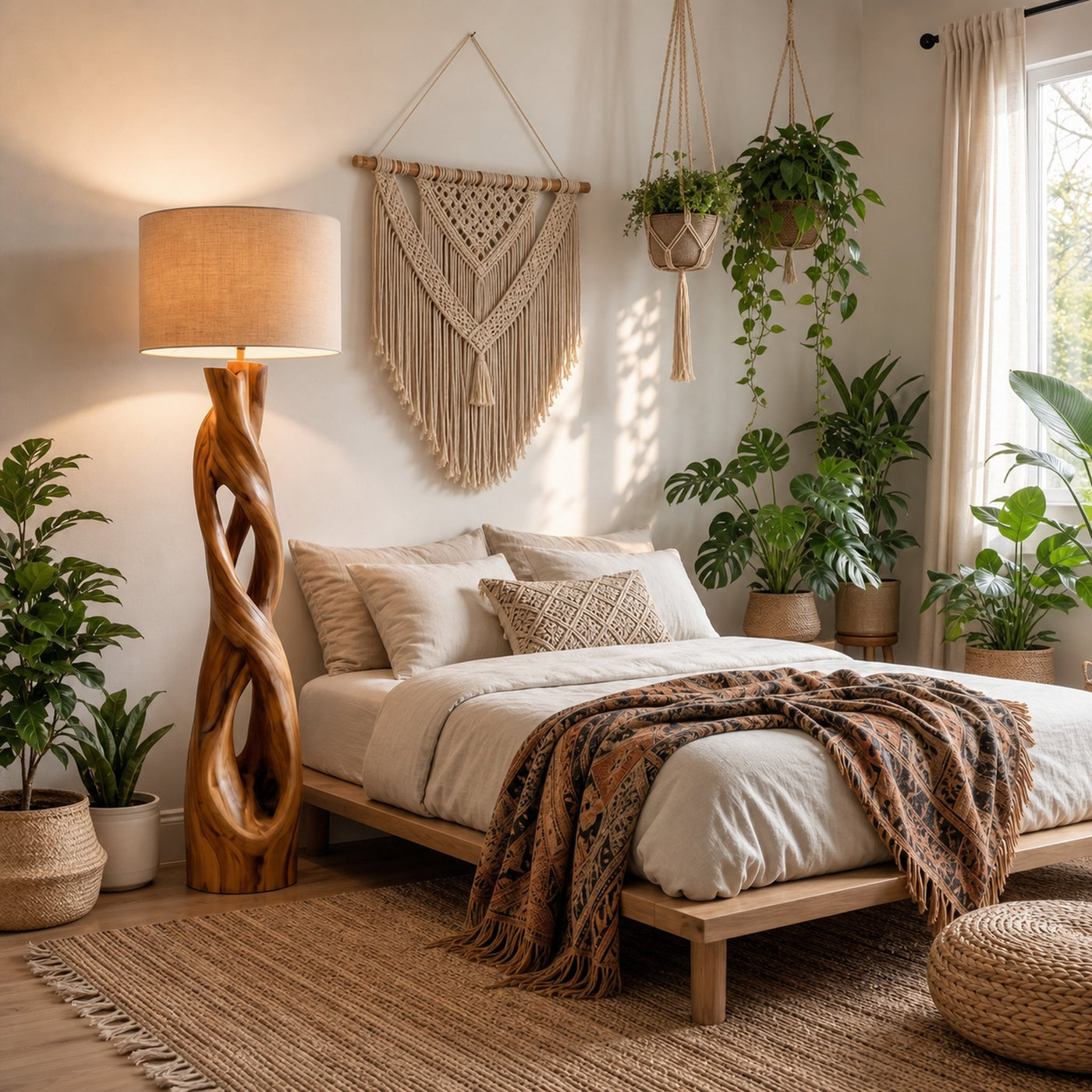 Nature Inspired Floor Lamp With Sculptural Wood Form And Fabric Shade For Living Room - product view 2