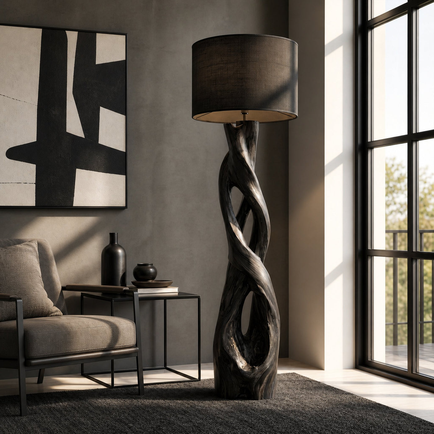 Nature Inspired Floor Lamp With Sculptural Wood Form And Fabric Shade For Living Room - product view 4