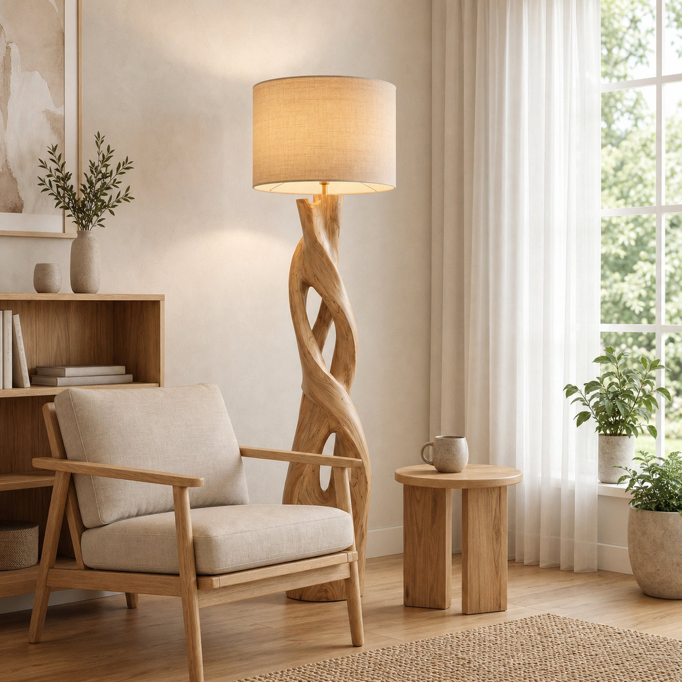 Nature Inspired Floor Lamp With Sculptural Wood Form And Fabric Shade For Living Room - product view 5