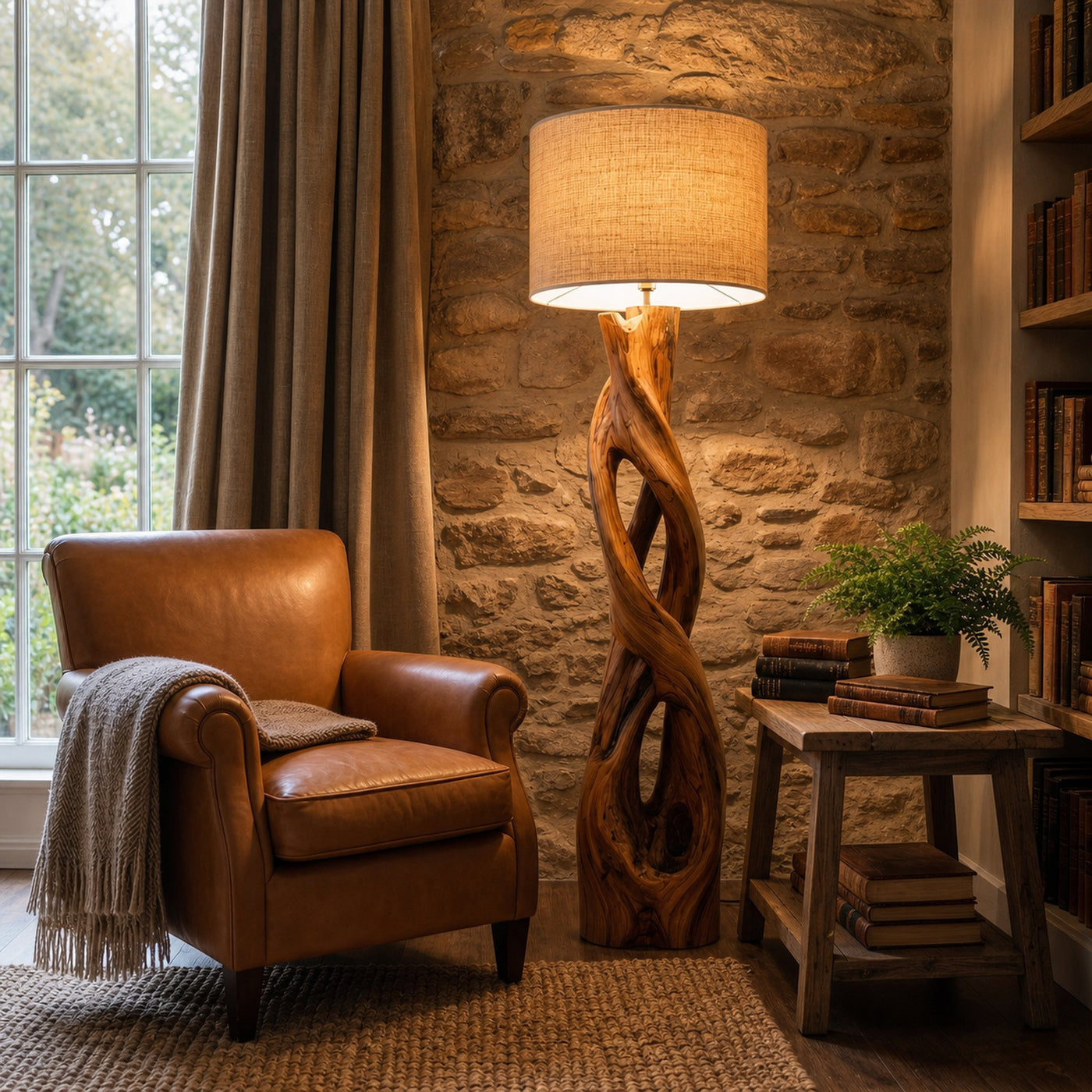 Nature Inspired Floor Lamp With Sculptural Wood Form And Fabric Shade For Living Room - product view 6