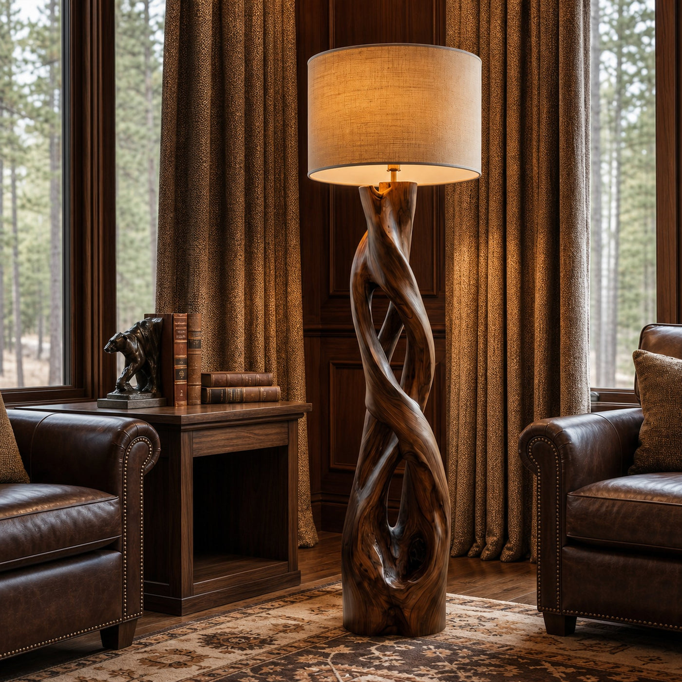 Nature Inspired Floor Lamp With Sculptural Wood Form And Fabric Shade For Living Room - product view 7