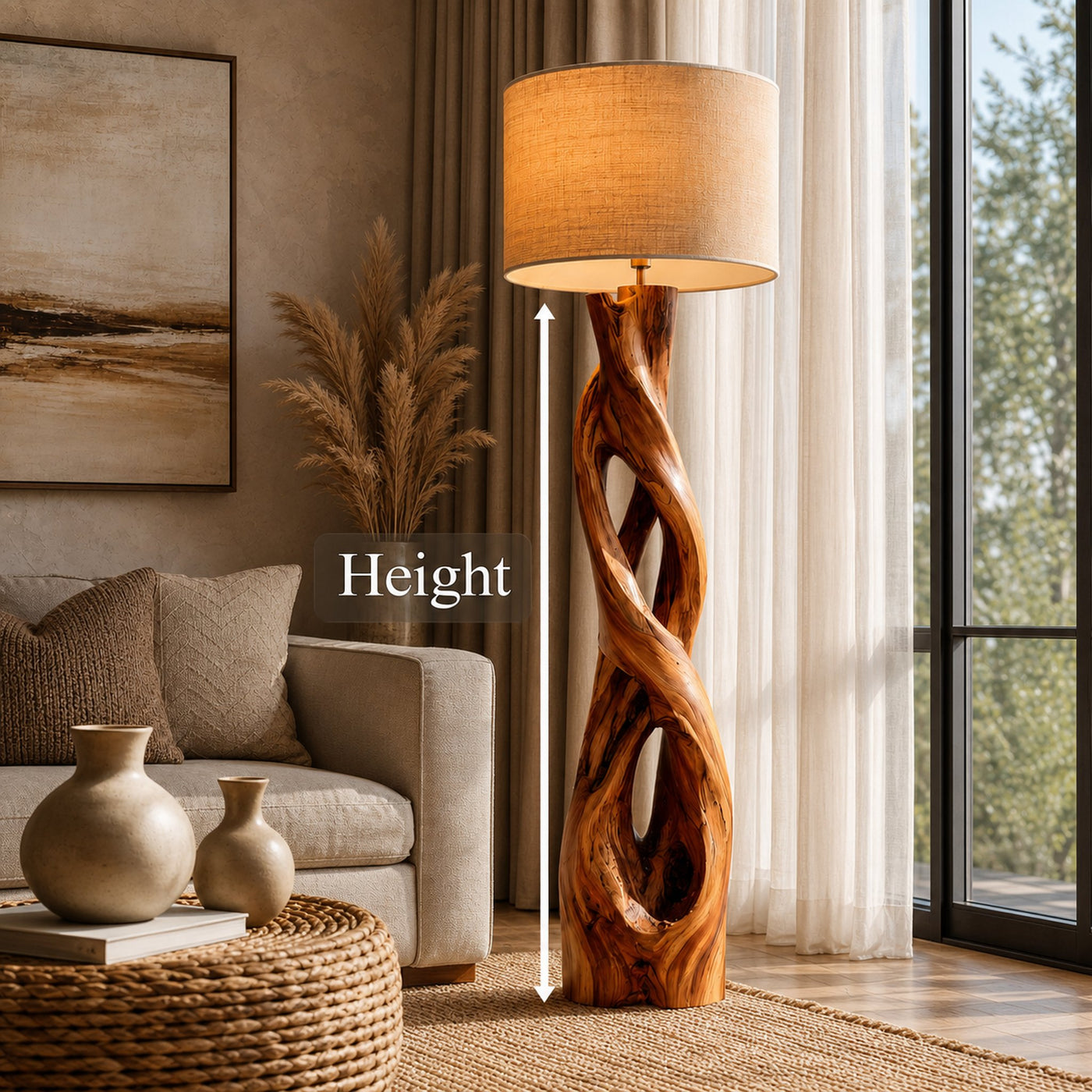 Nature Inspired Floor Lamp With Sculptural Wood Form And Fabric Shade For Living Room - product view 8