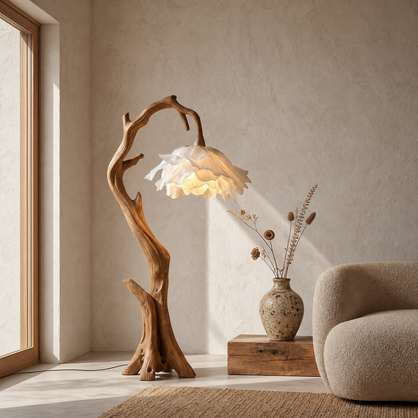 Nature Inspired Flower Floor Lamp With Solid Wood Base For Living Room And Bedroom