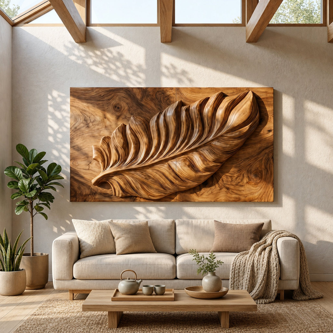 Nature Wall Art With Carved Leaf Design For Living Room