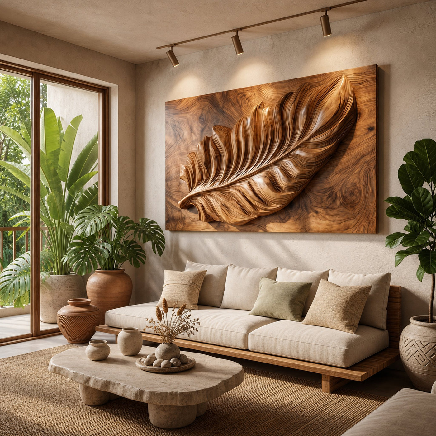 Nature Wall Art With Carved Leaf Design For Living Room - product view 4