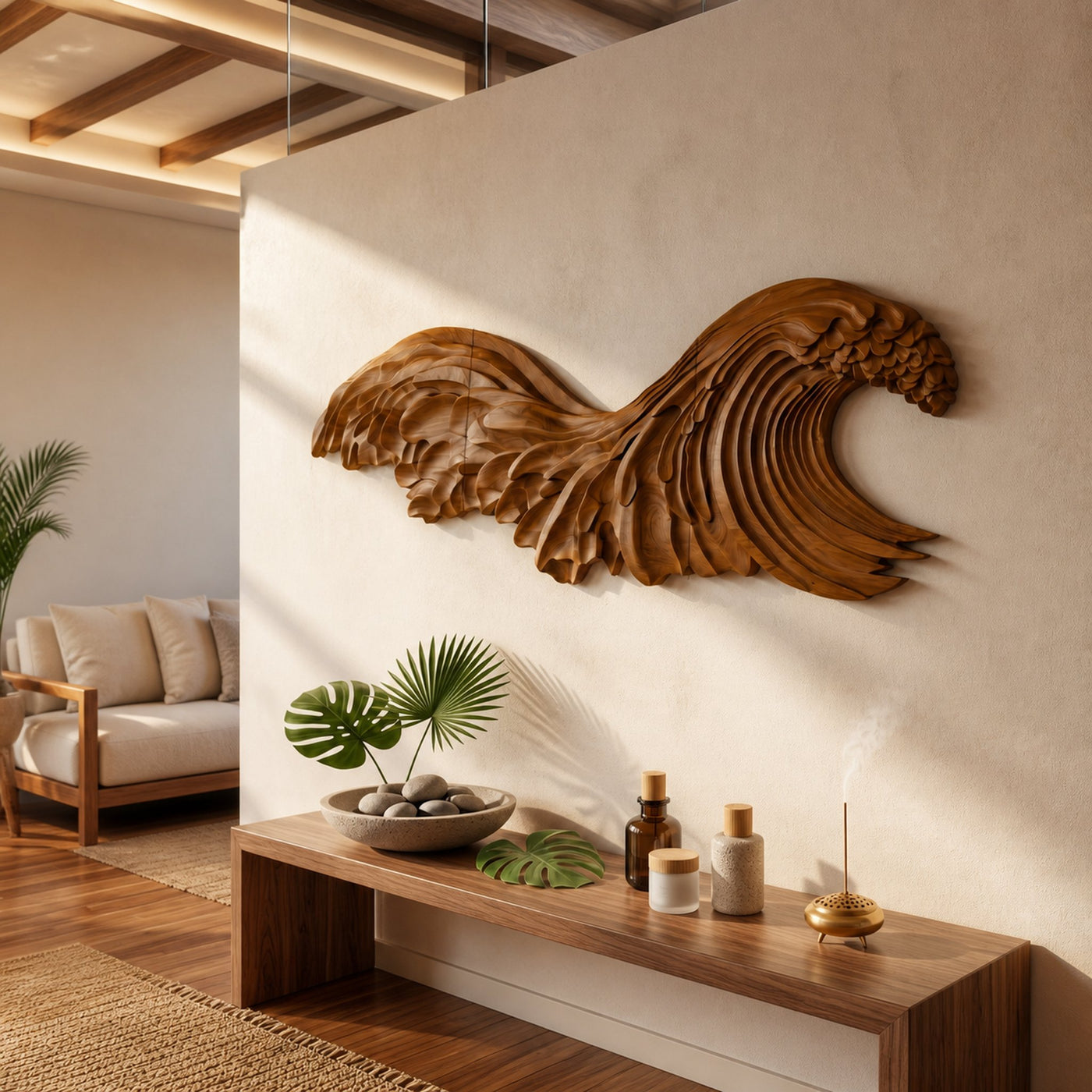 Ocean Wave Wooden Wall Art With Sculptural Carved Design For Bedroom And Living Room - product view 6