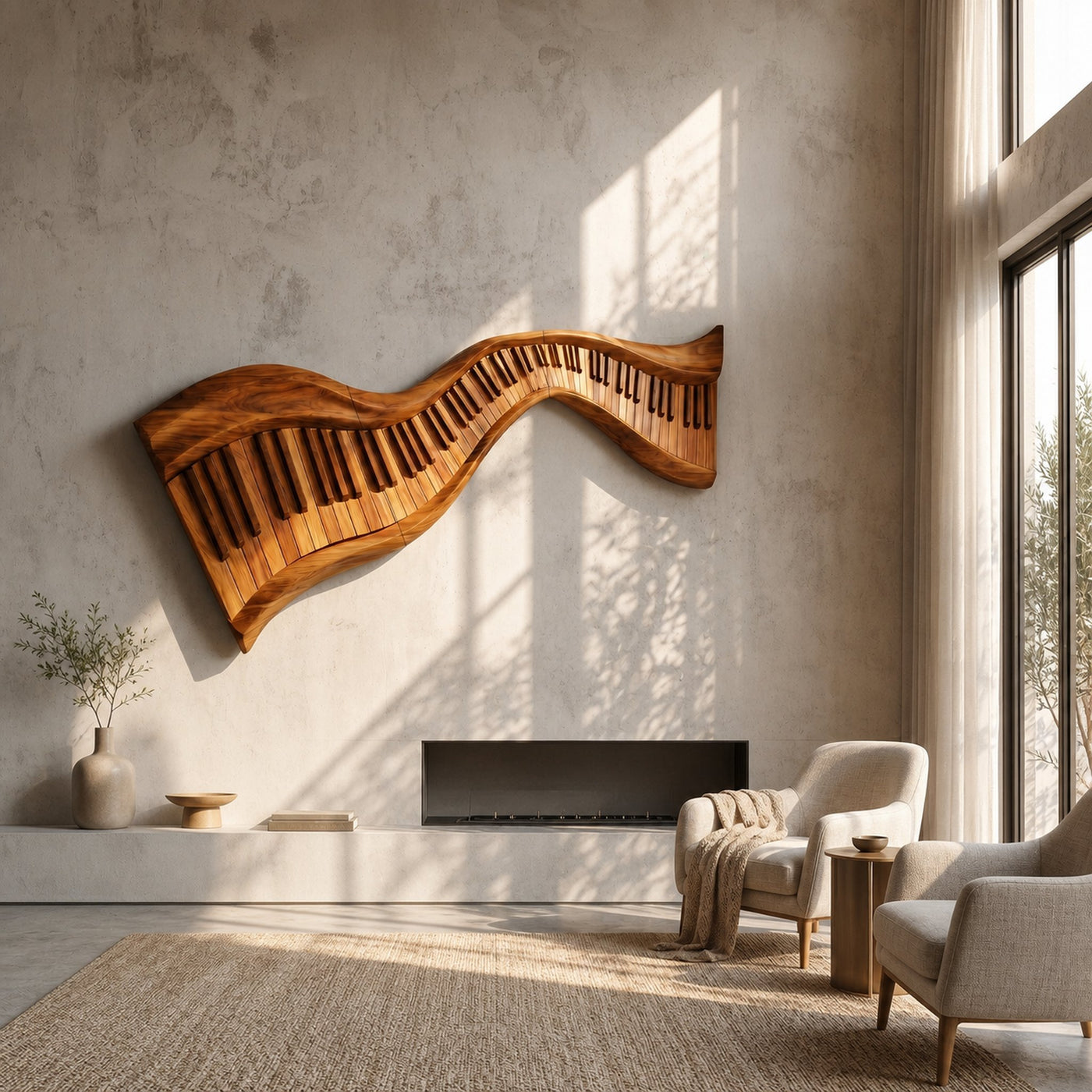 Organic Abstract Keyboard Wave Wooden Wall Sculpture For Living Room