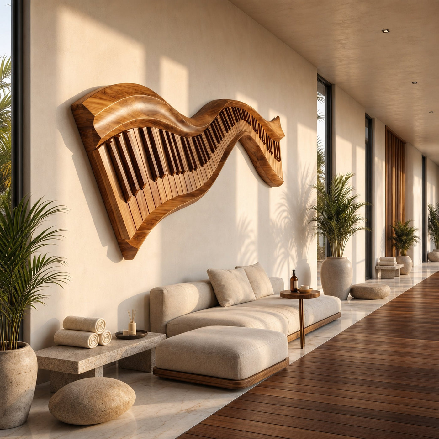 Organic Abstract Keyboard Wave Wooden Wall Sculpture For Living Room - product view 2