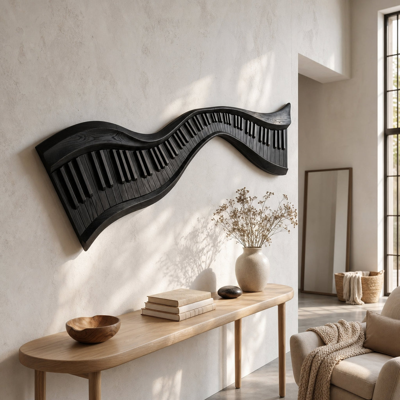 Organic Abstract Keyboard Wave Wooden Wall Sculpture For Living Room - product view 4