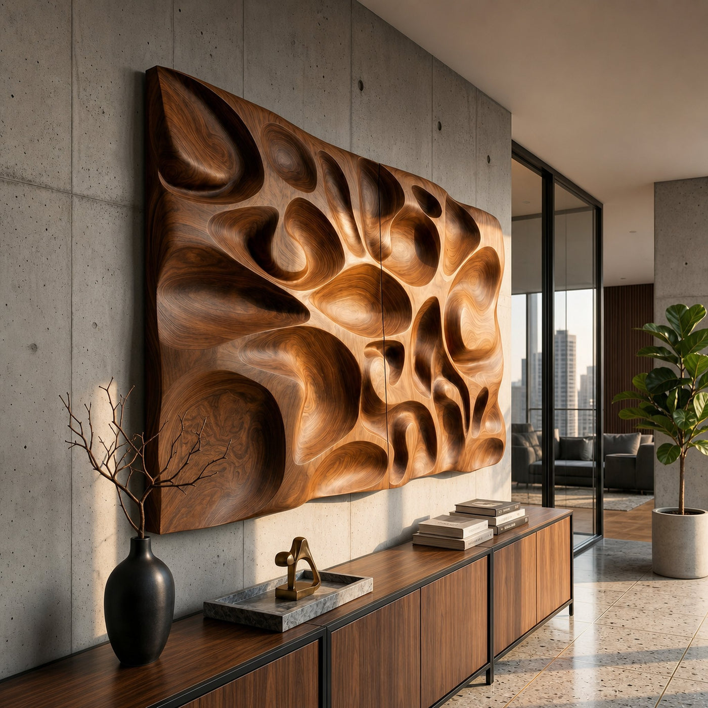 Organic Contemporary Wood Wall Art Modern Concrete Hallway Interior