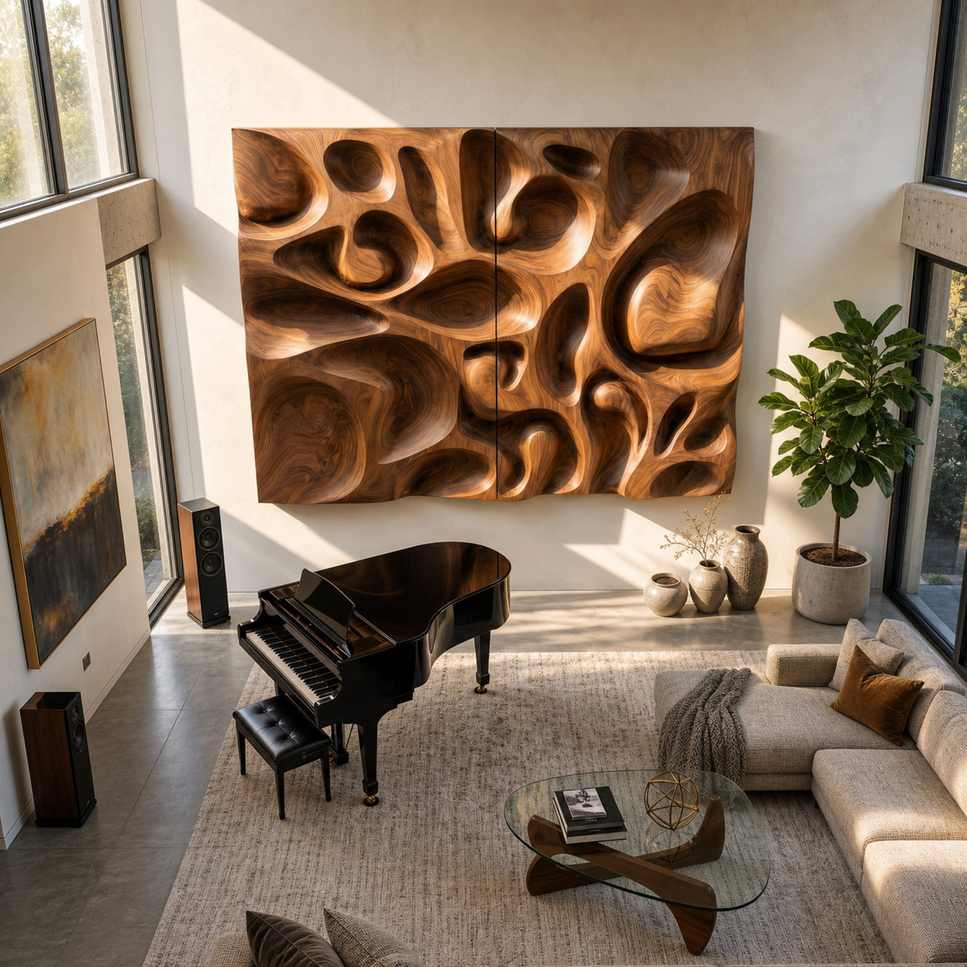Organic Contemporary Wood Wall Art Modern Concrete Hallway Interior - product view 2