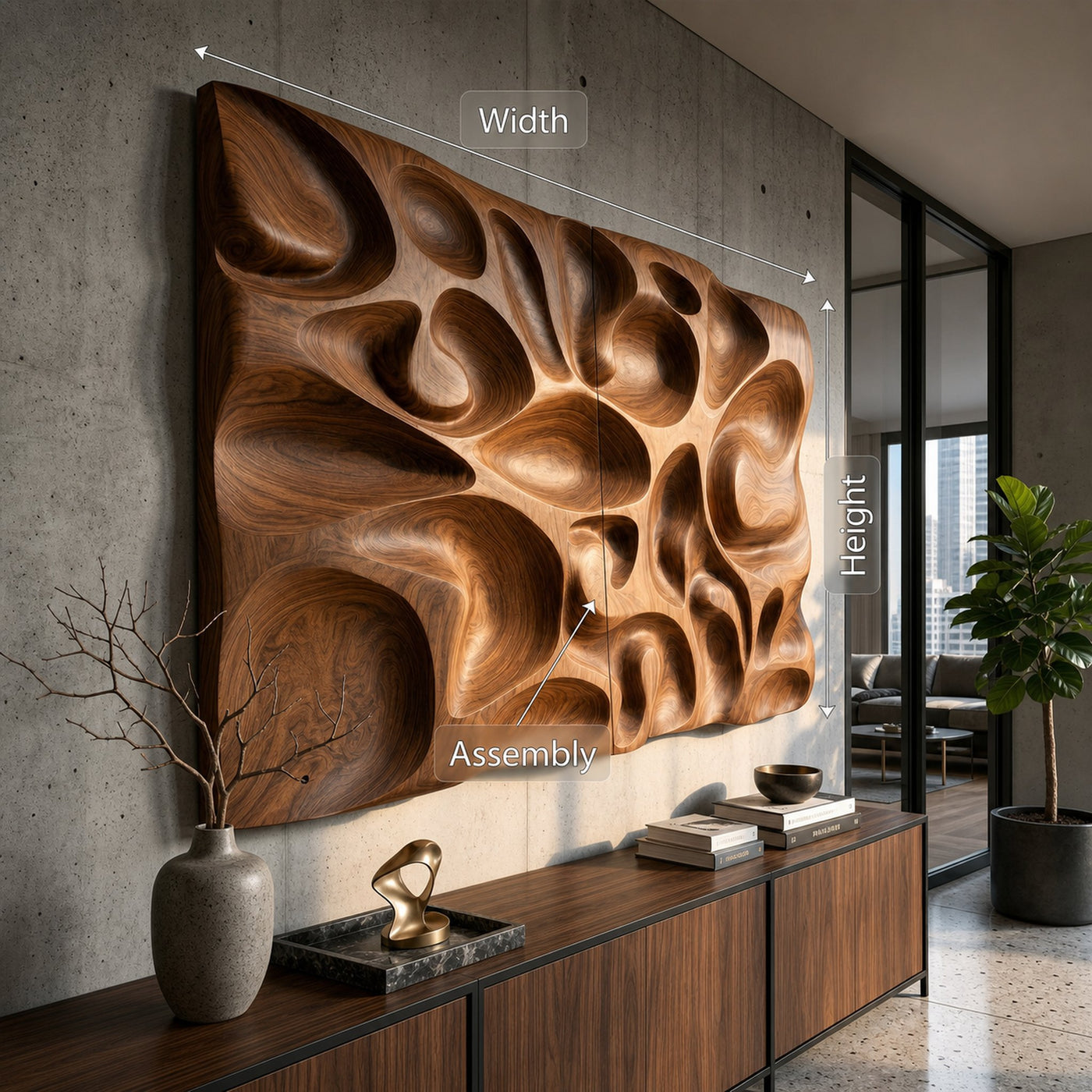 Organic Contemporary Wood Wall Art Modern Concrete Hallway Interior - product view 5