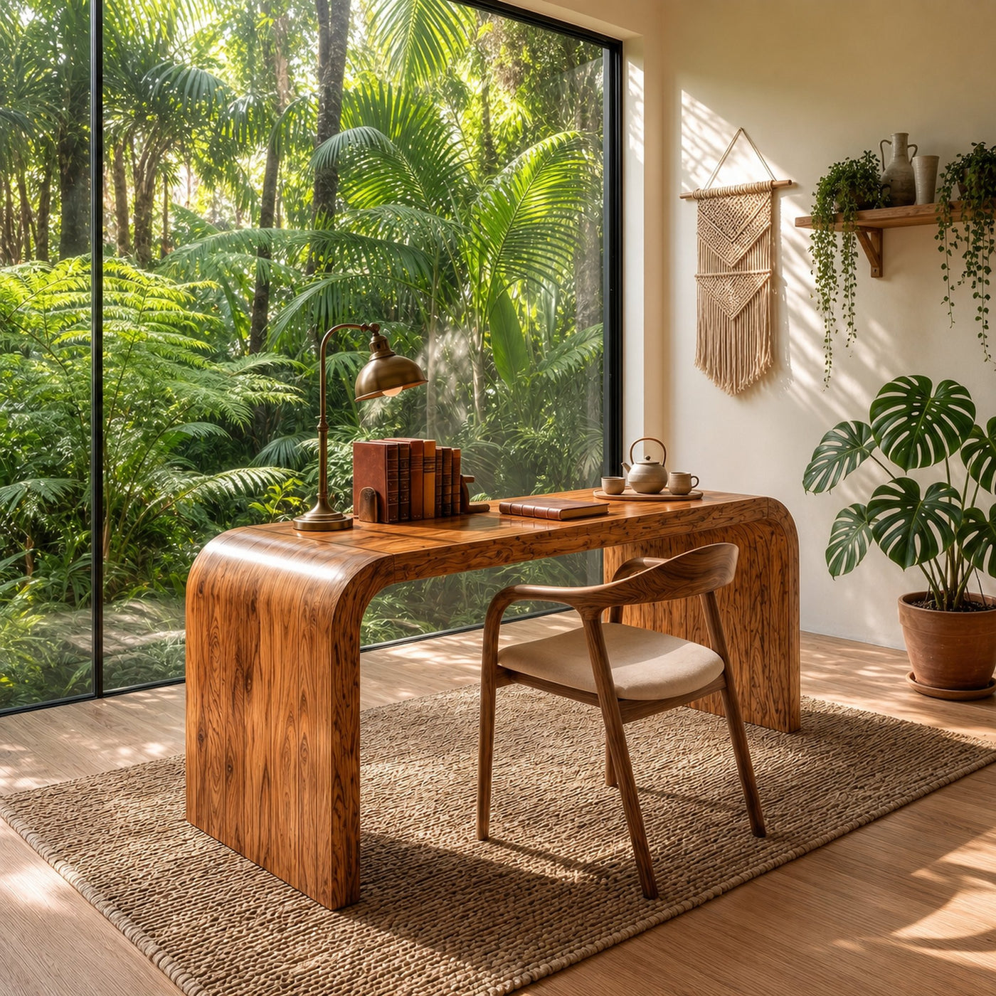 Organic Curved Wooden Desk With Waterfall Edge Design For Home Office And Workspace
