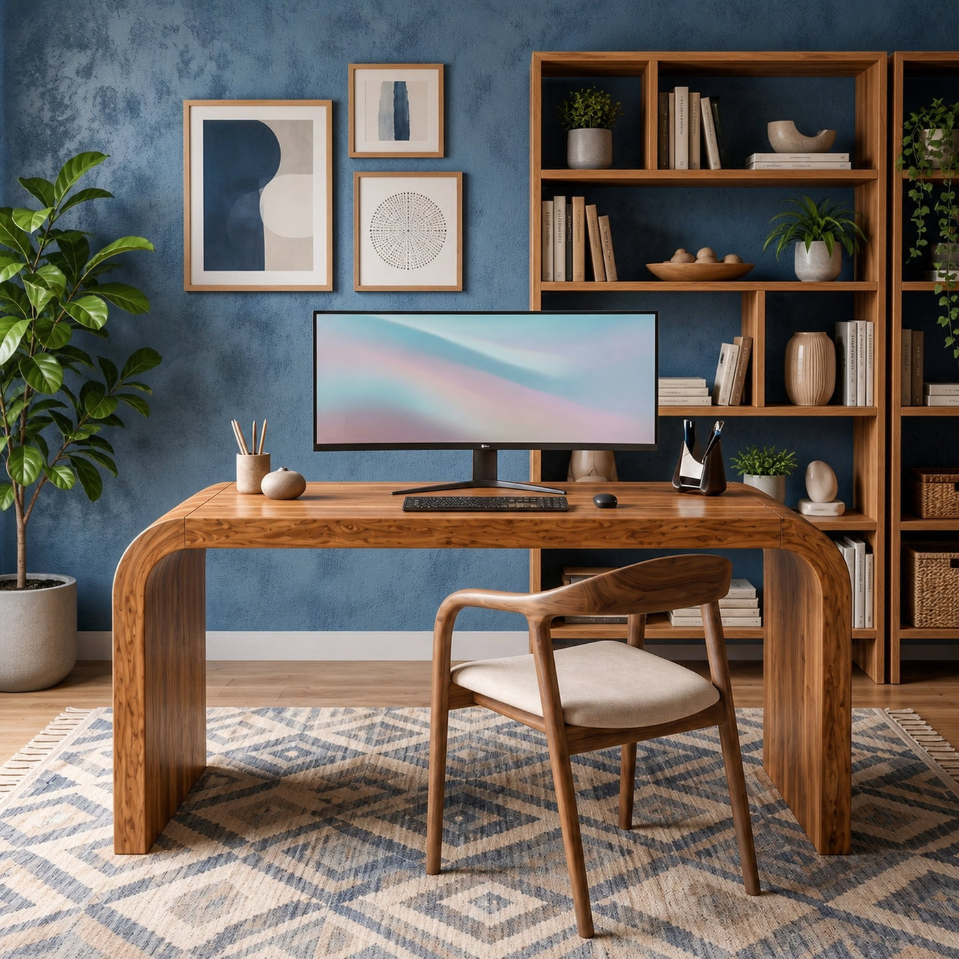 Organic Curved Wooden Desk With Waterfall Edge Design For Home Office And Workspace - product view 2