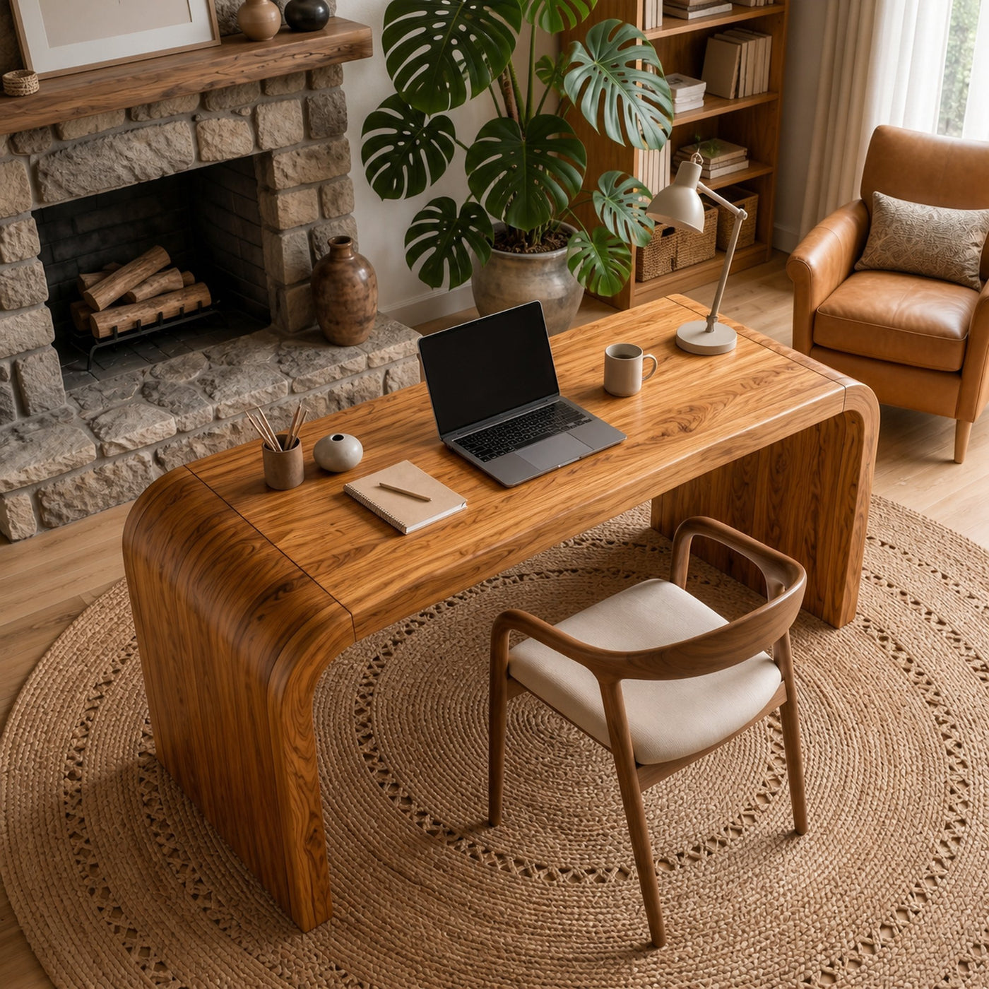 Organic Curved Wooden Desk With Waterfall Edge Design For Home Office And Workspace - product view 3