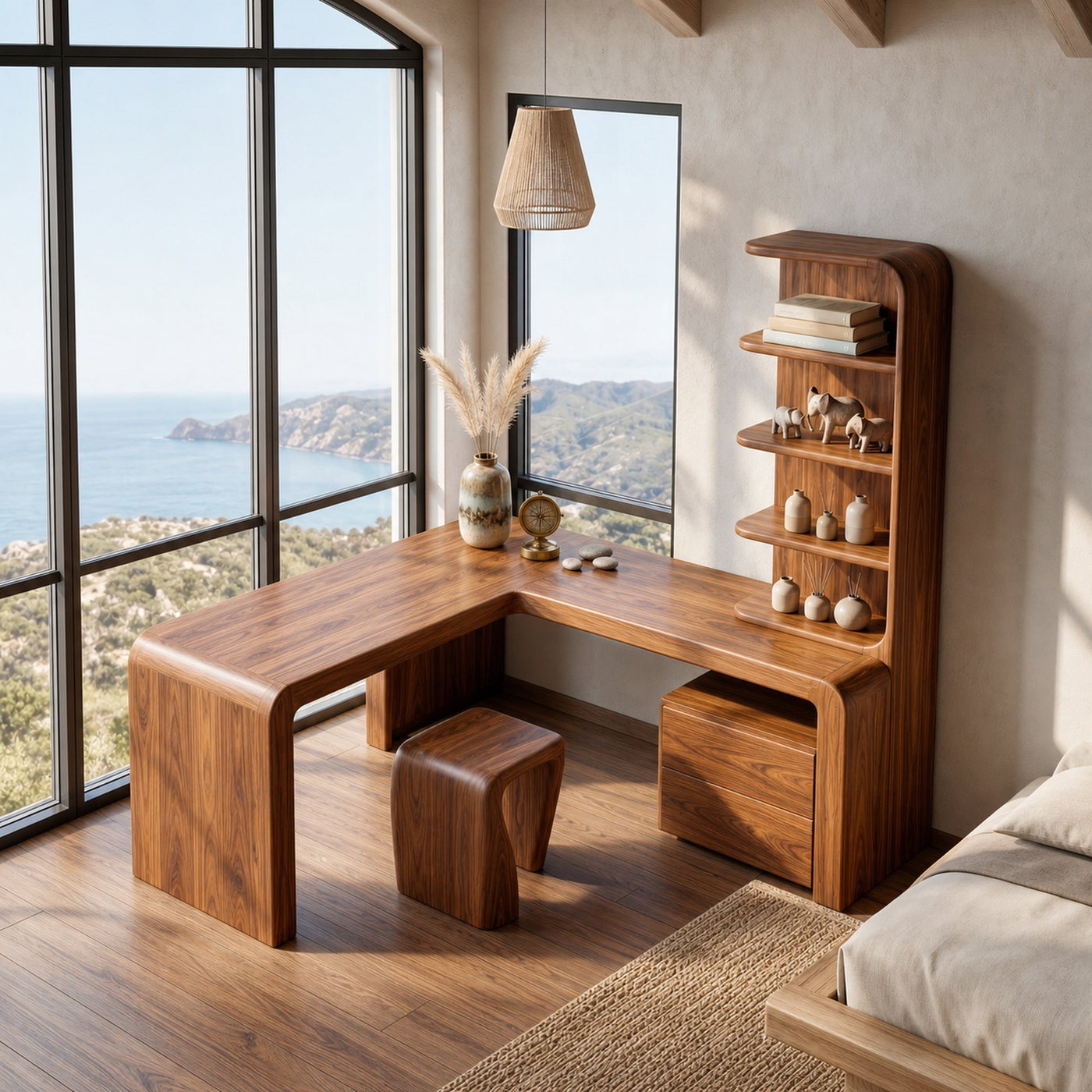 Organic Desk With Storage Shelves And Cabinet For Home Office