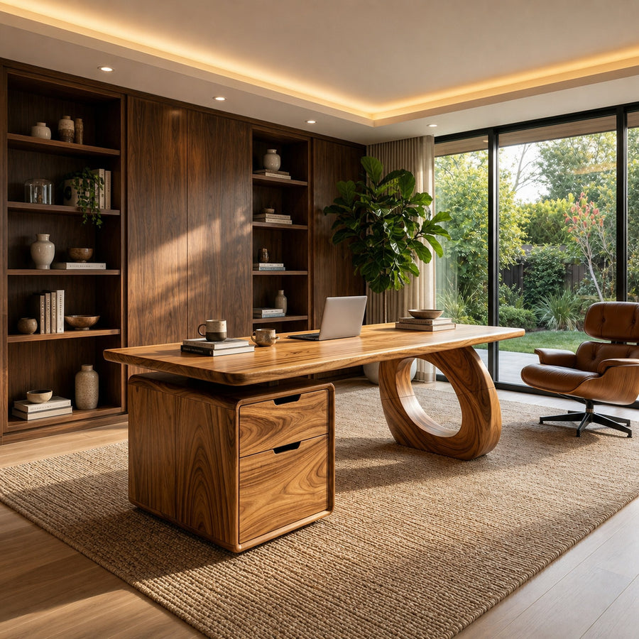Organic Executive Desk With Bookshelf Storage For Library Office