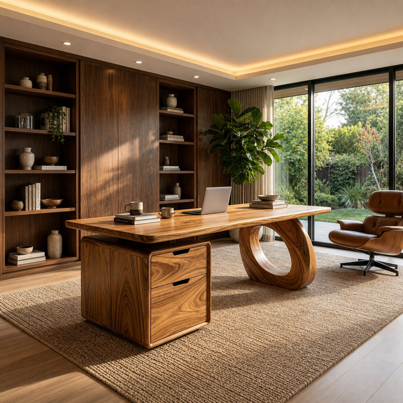 Organic Executive Desk With Bookshelf Storage For Library Office