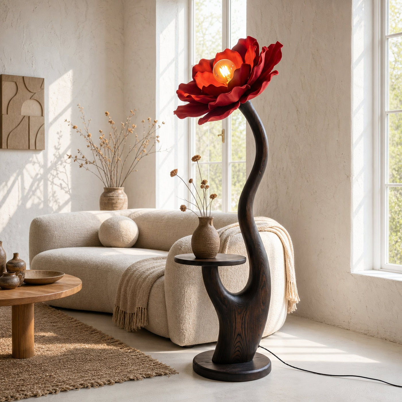 Organic Floor Lamp With Built In Bedside Table And Flower Shade For Living Room