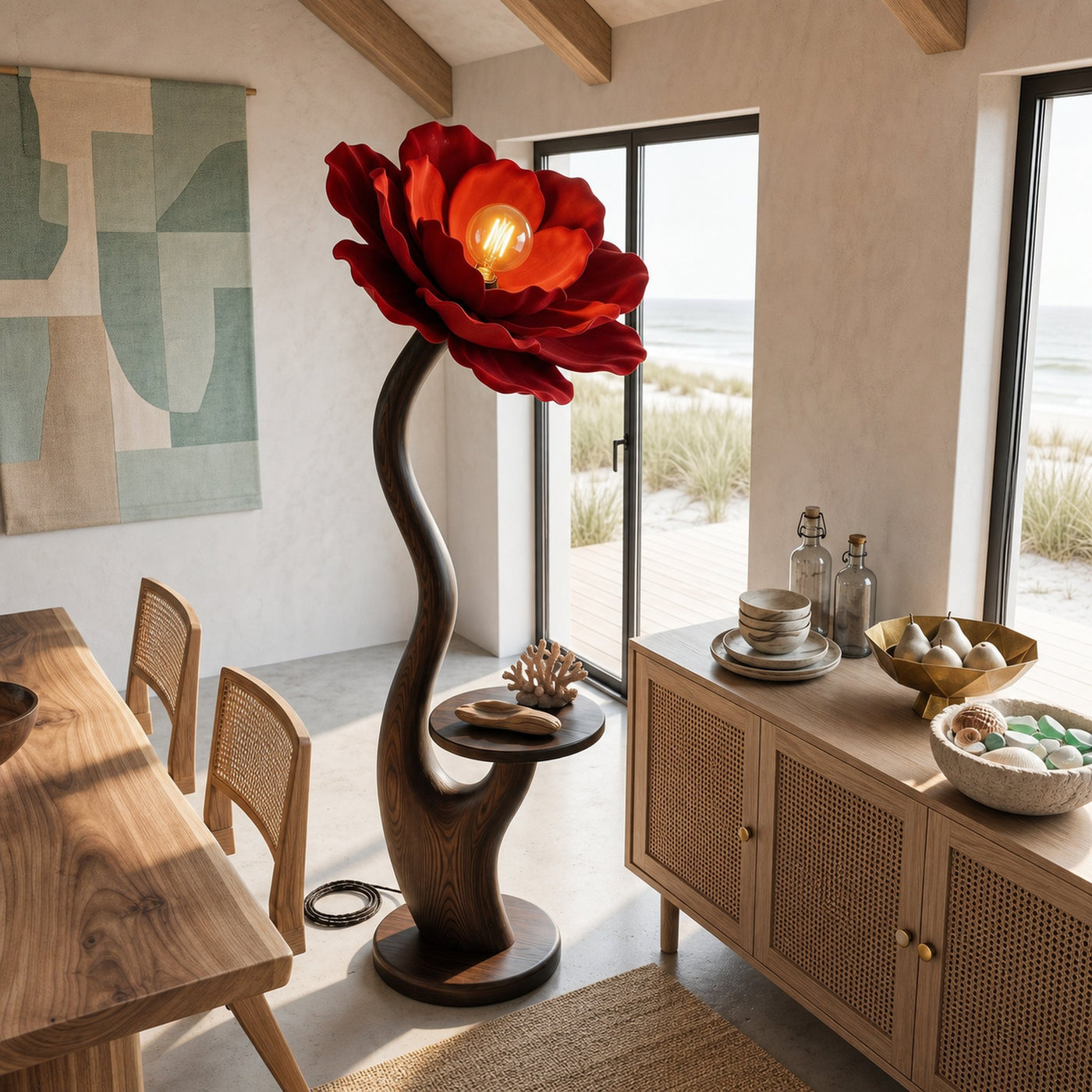 Organic Floor Lamp With Built In Bedside Table And Flower Shade For Living Room - product view 3