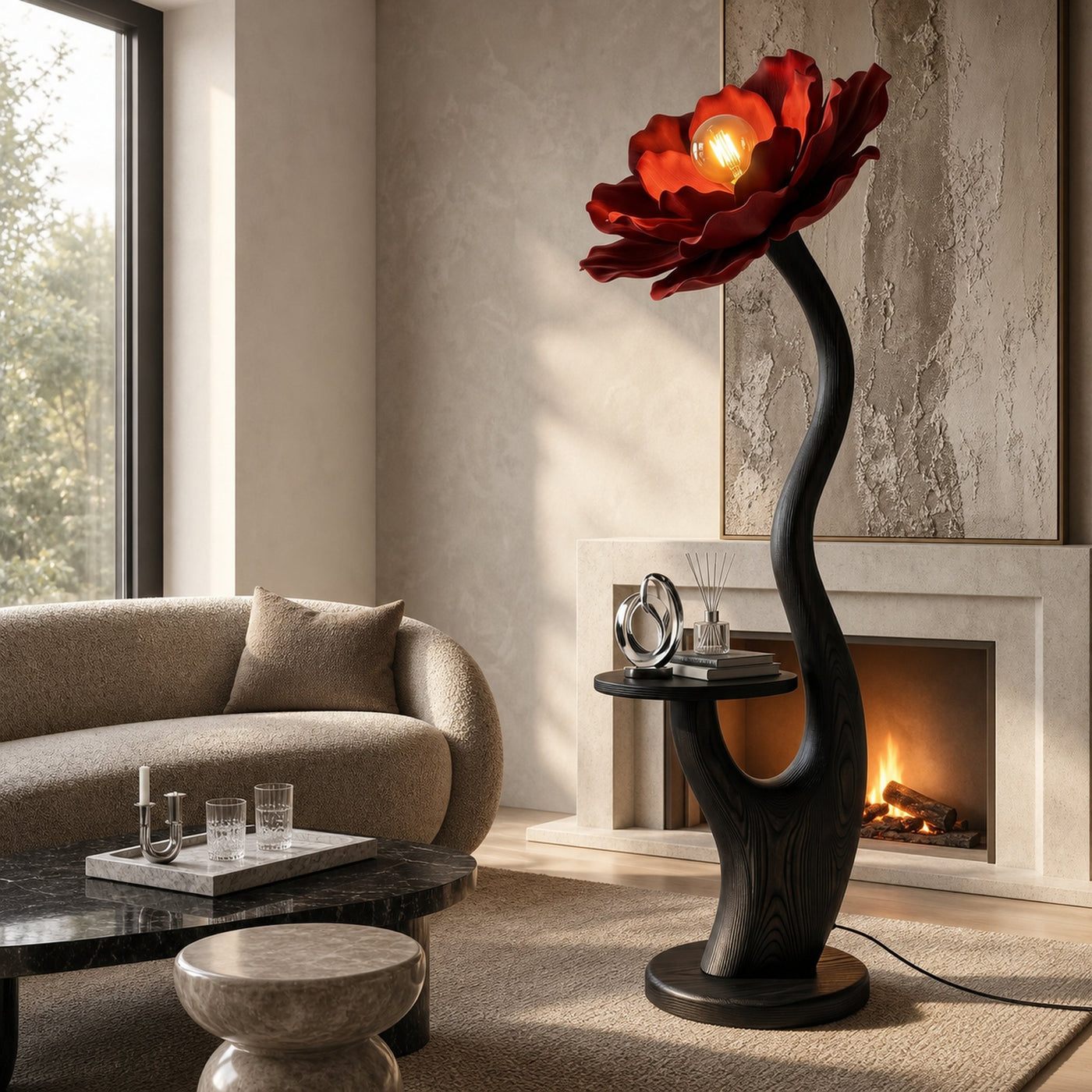 Organic Floor Lamp With Built In Bedside Table And Flower Shade For Living Room - product view 4
