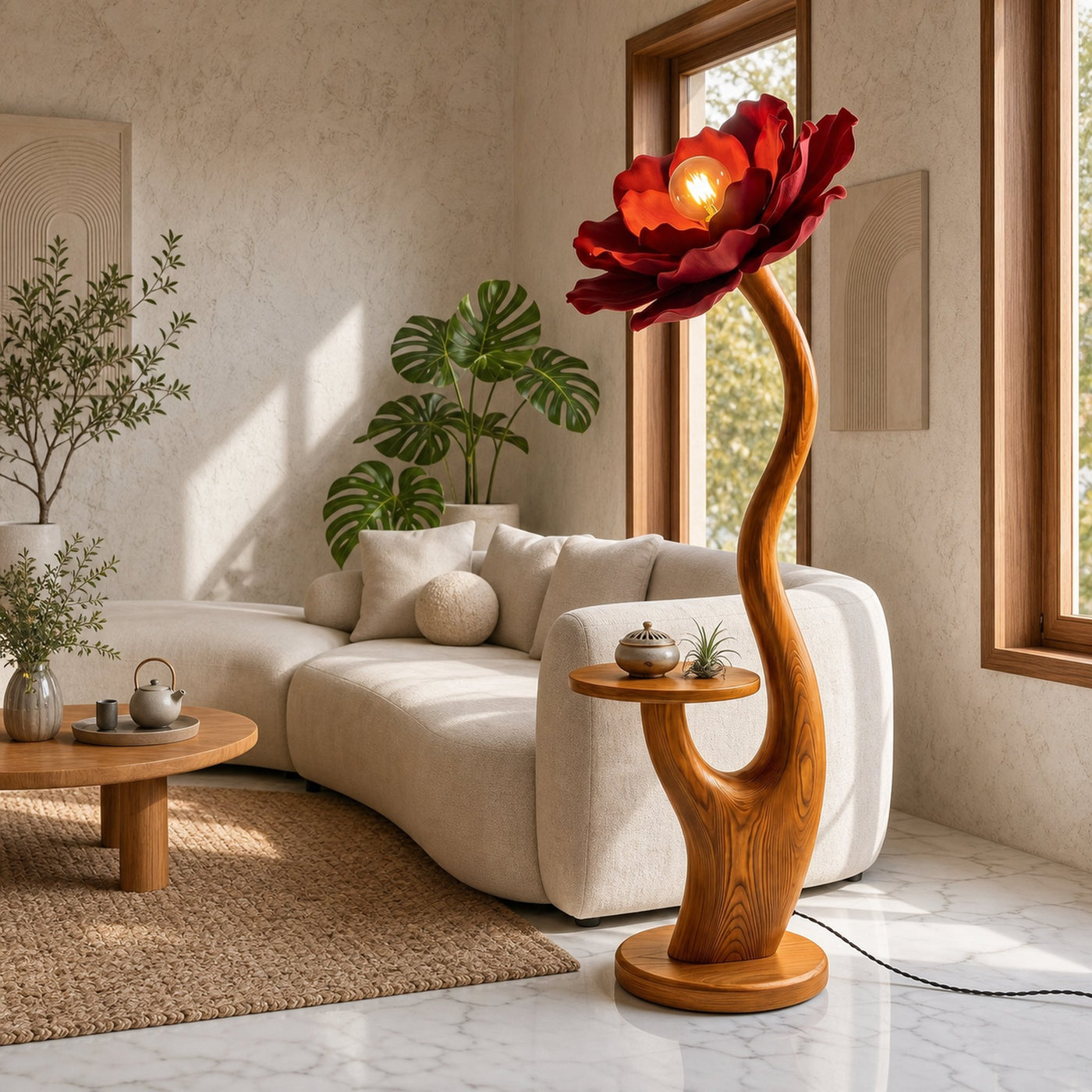 Organic Floor Lamp With Built In Bedside Table And Flower Shade For Living Room - product view 6