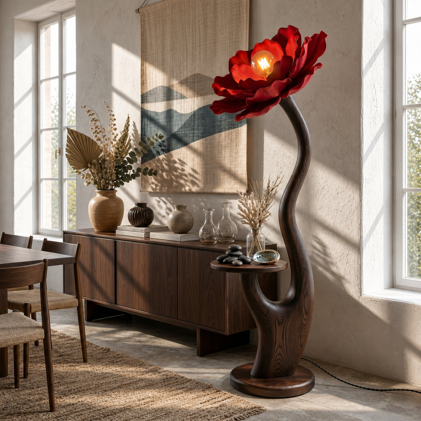 Organic Floor Lamp With Built In Bedside Table And Flower Shade For Living Room - product view 7