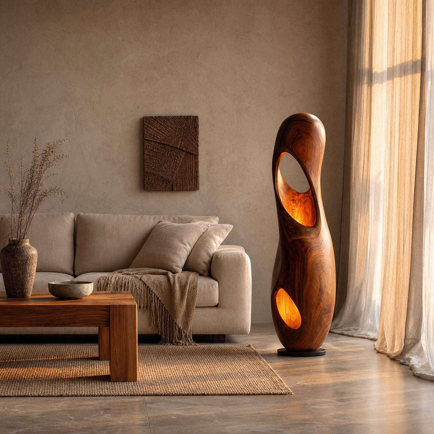 Organic Floor Lamp With Sculptural Hollow Wood Tower Design For Living Room