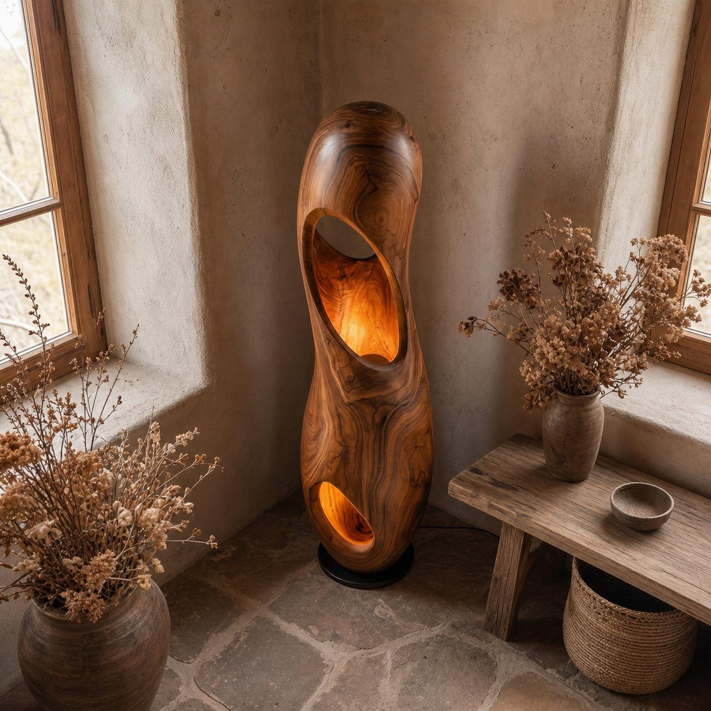 Organic Floor Lamp With Sculptural Hollow Wood Tower Design For Living Room - product view 3