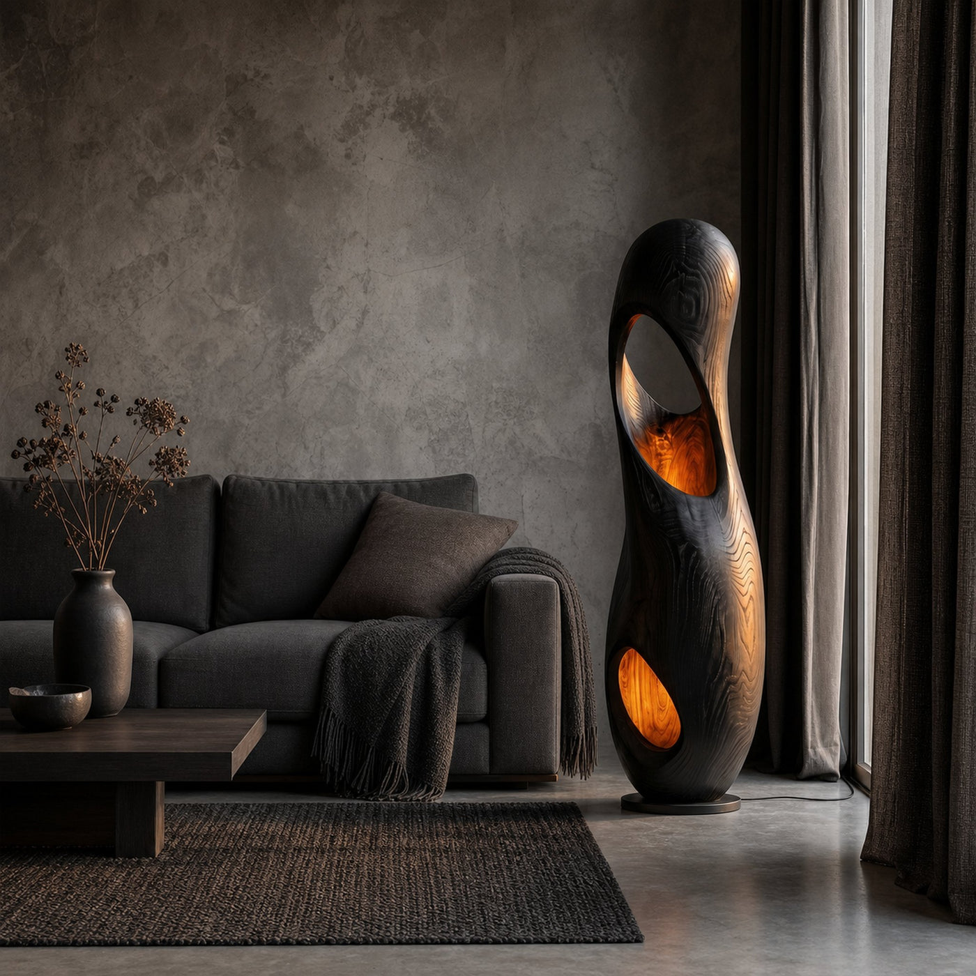 Organic Floor Lamp With Sculptural Hollow Wood Tower Design For Living Room - product view 4