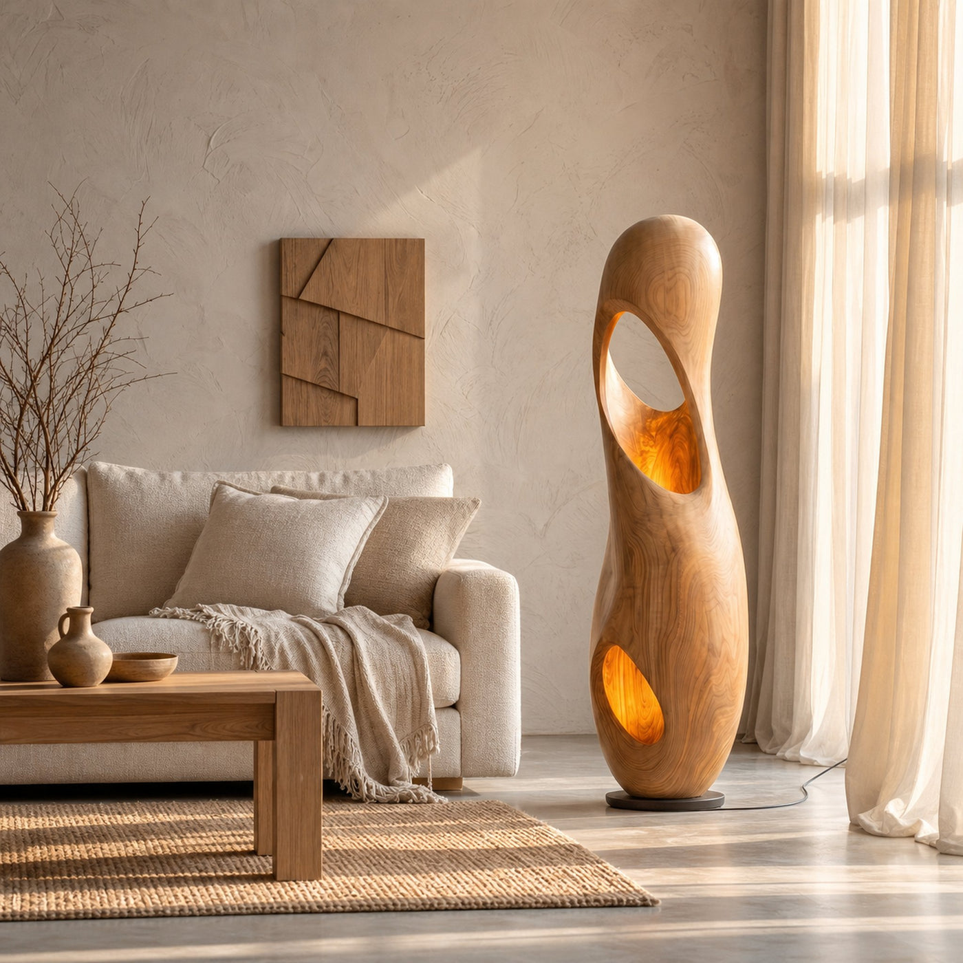Organic Floor Lamp With Sculptural Hollow Wood Tower Design For Living Room - product view 5