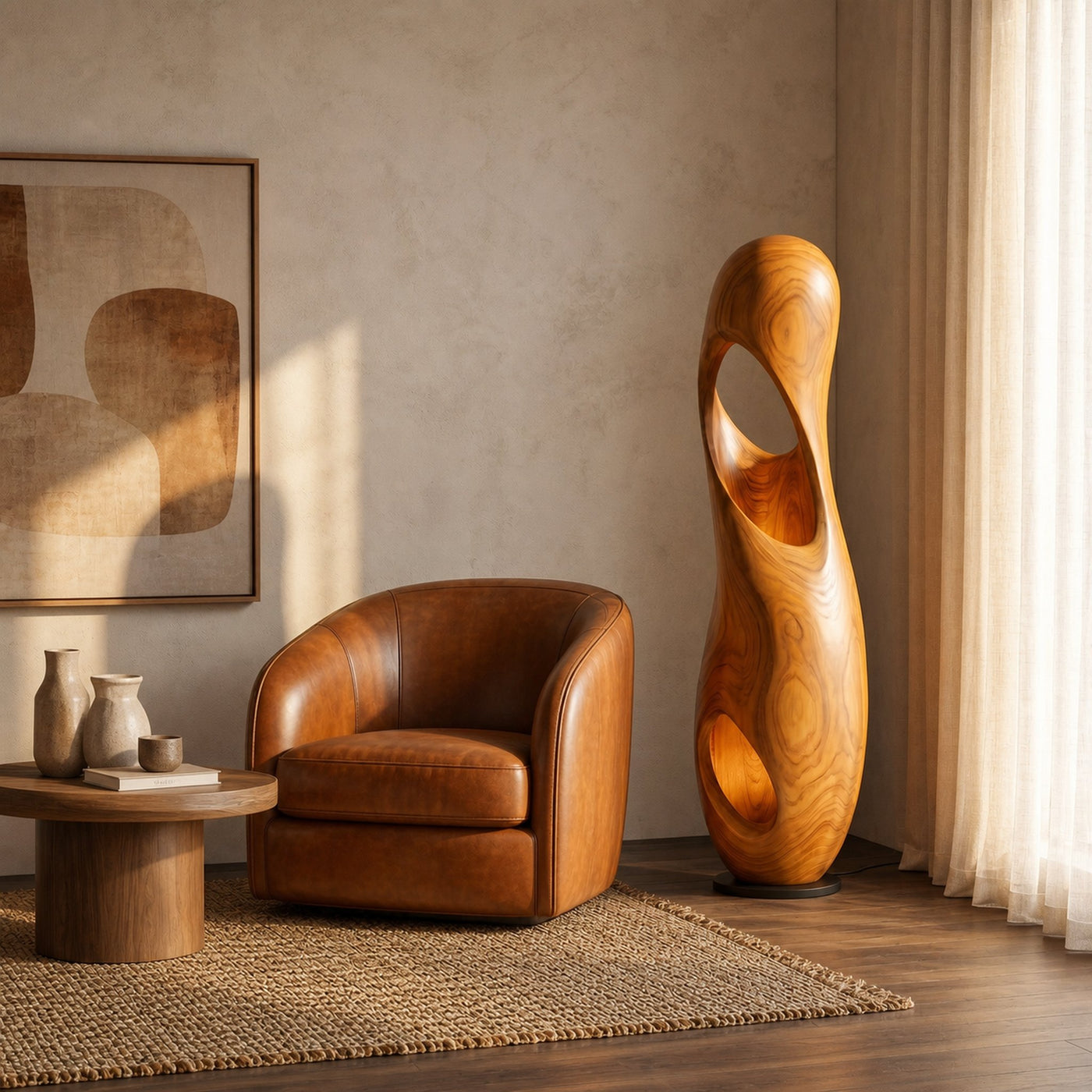 Organic Floor Lamp With Sculptural Hollow Wood Tower Design For Living Room - product view 6