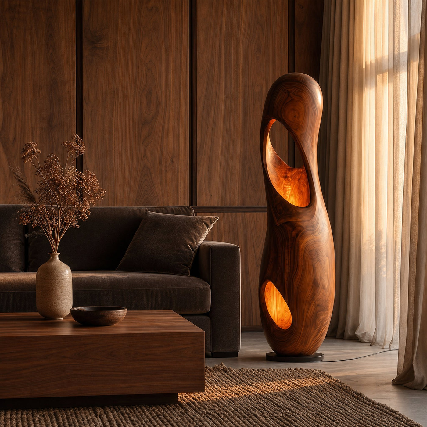 Organic Floor Lamp With Sculptural Hollow Wood Tower Design For Living Room - product view 7